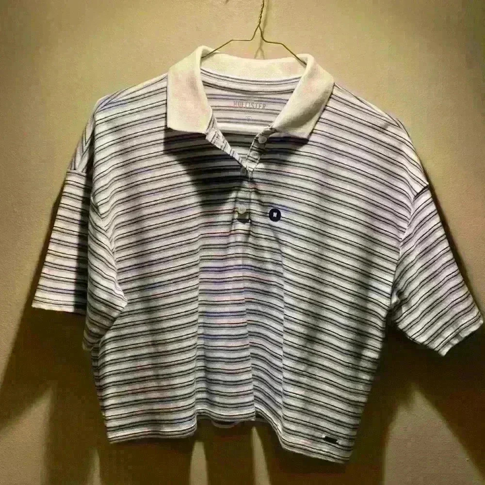 Hollister size medium blue and white stripe crop polo.
